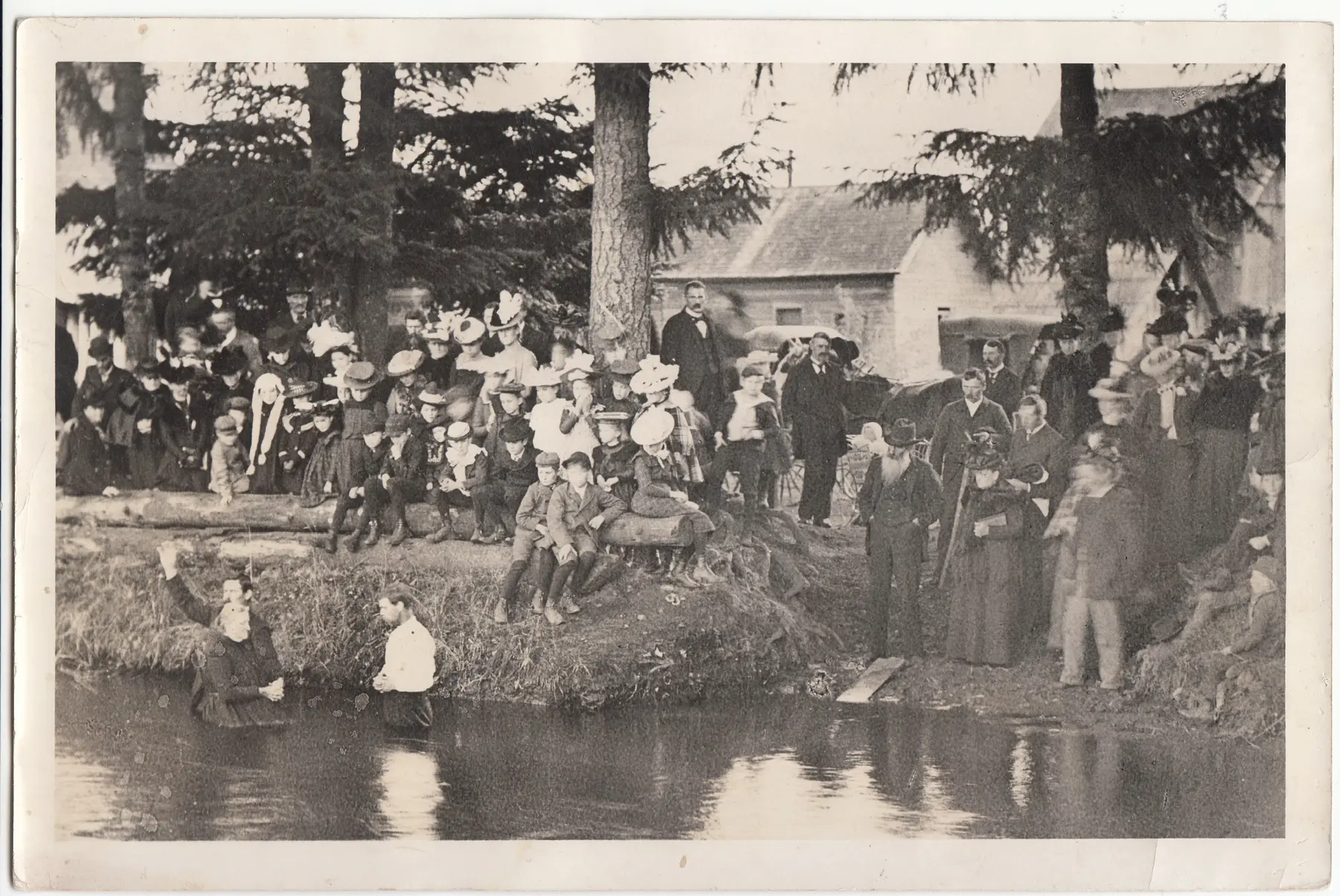 Baptism in the Salem Ditch, with Drury Stayton among those gathered.