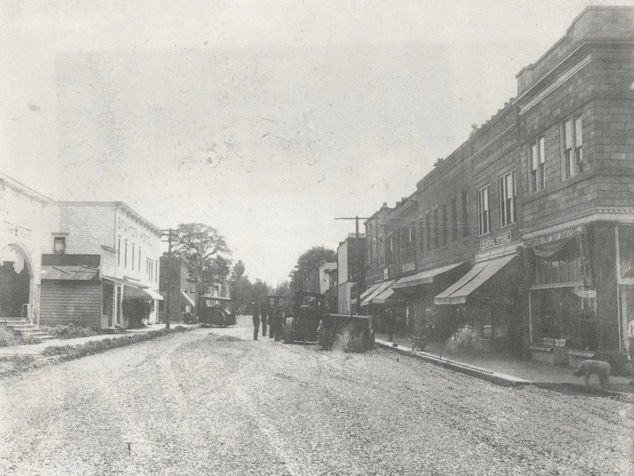 3rd Avenue looking south, showing the early concrete block buildings that reshaped downtown Stayton.