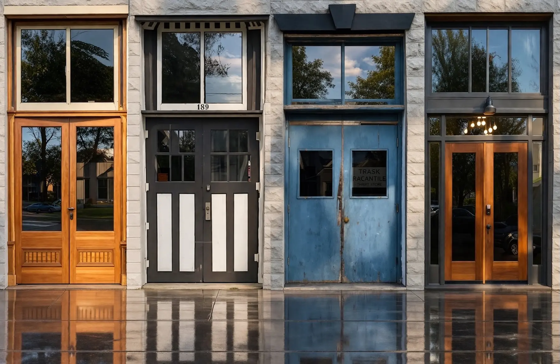 Four storefront doors in downtown Stayton