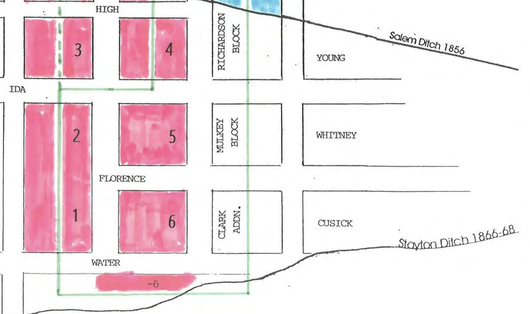Original plat showing the early street grid that shaped downtown Stayton.