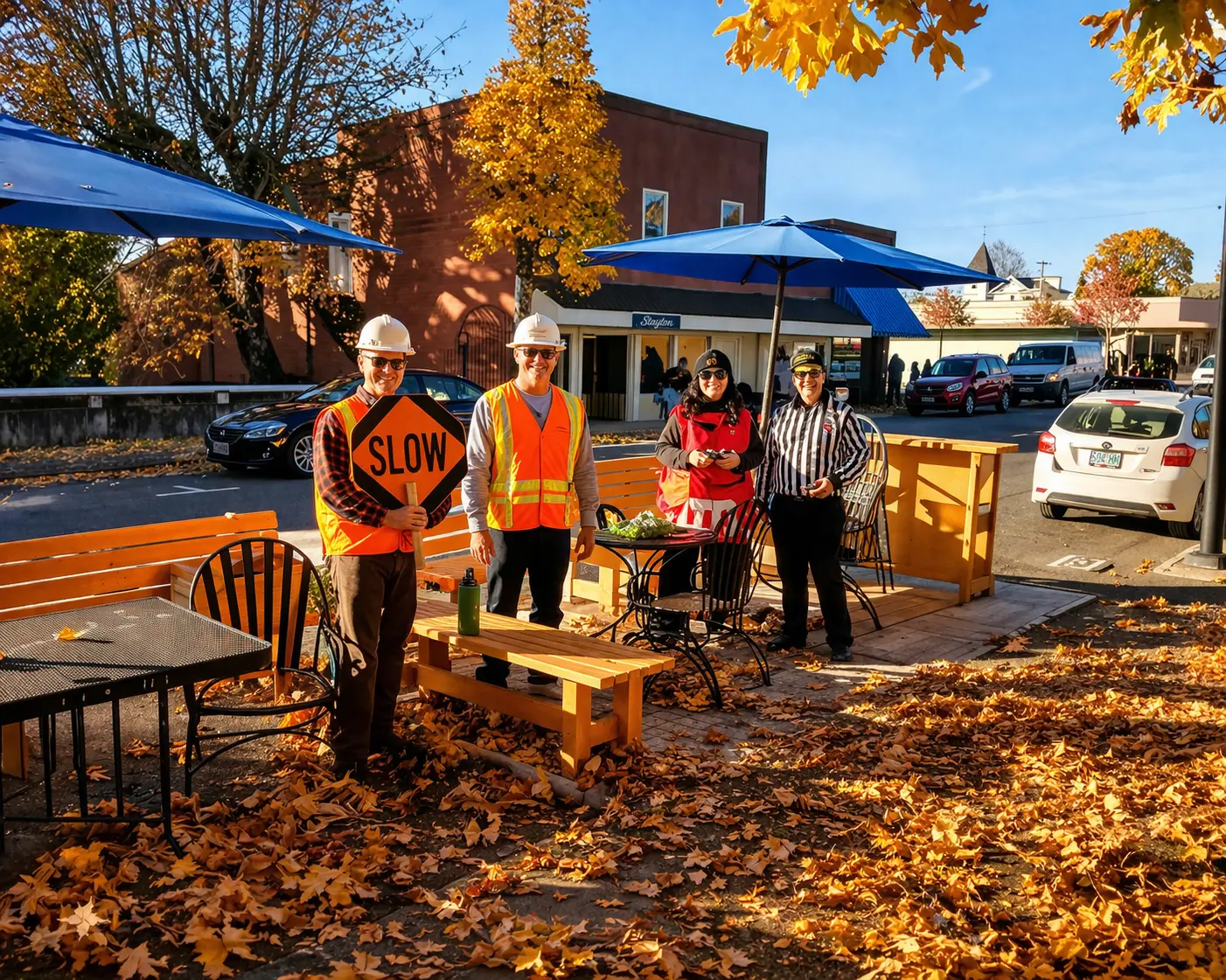 Volunteers in hard hats building the parklet