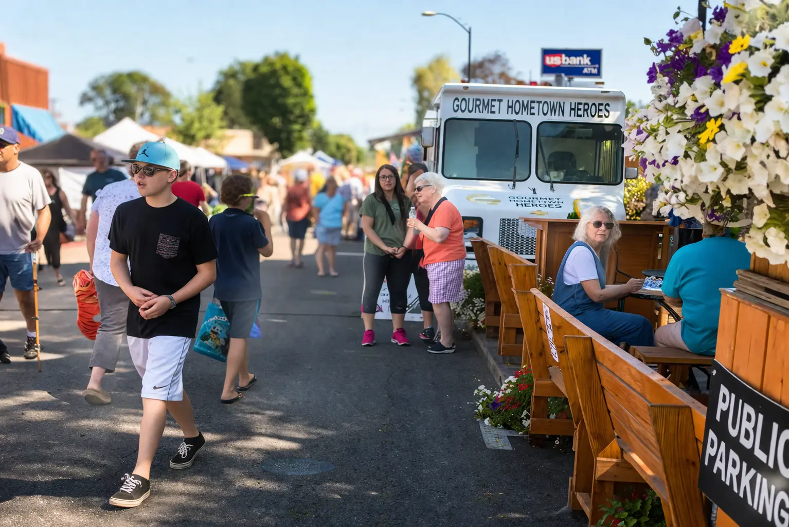 People gathered at the downtown parklet