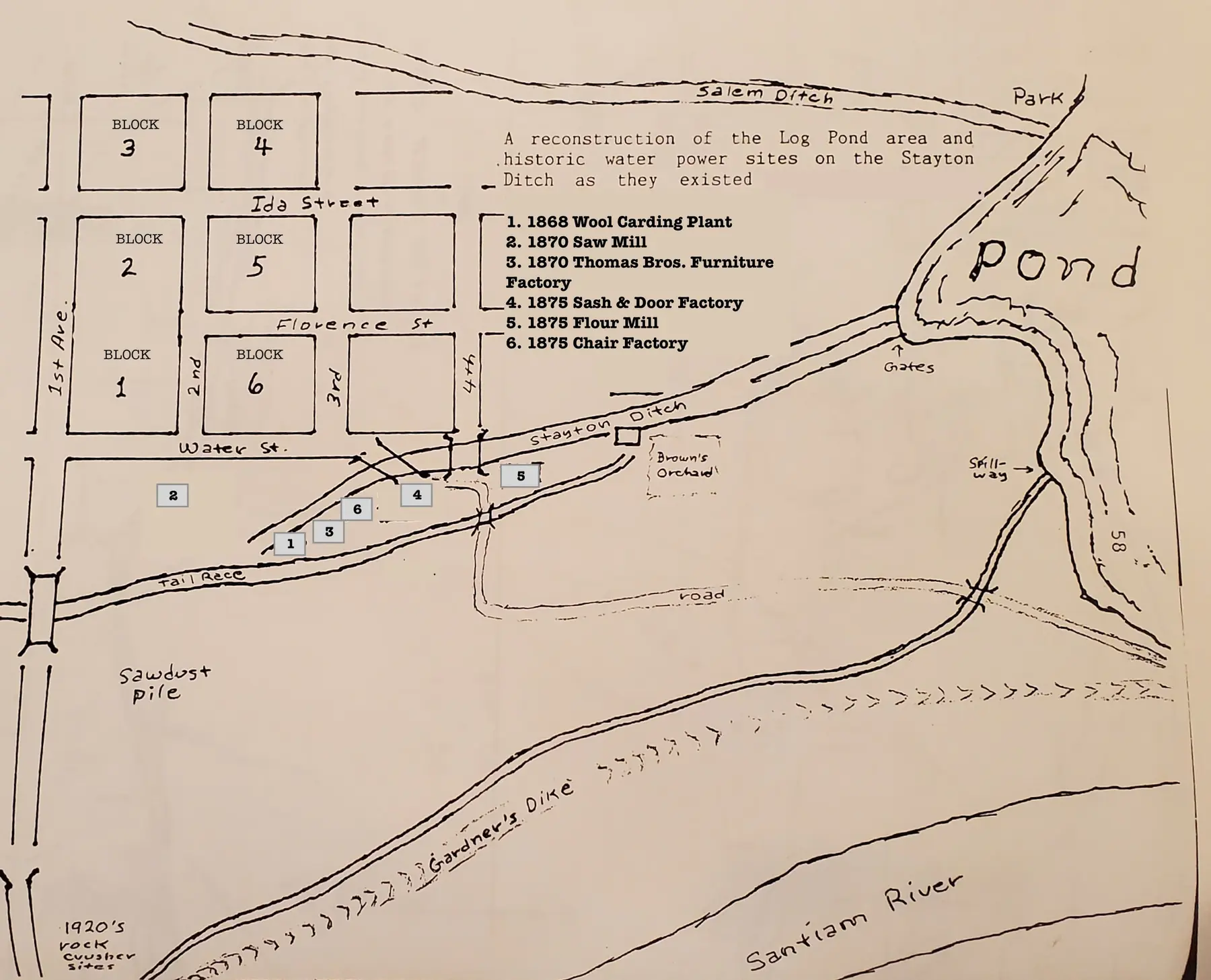 Map showing the first water-powered industries along the Stayton Ditch.